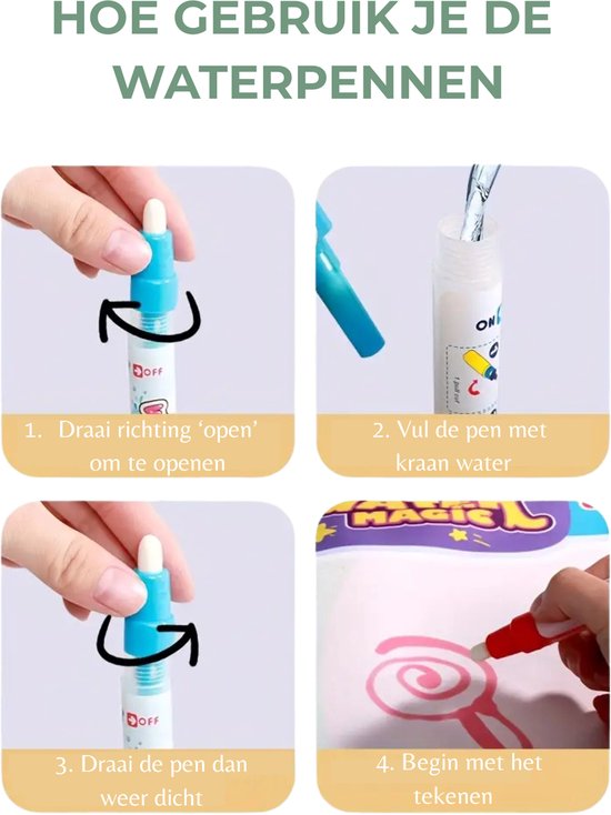 Stap-voor-stap instructies voor het gebruik van de waterpennen, inclusief vullen en tekenen.