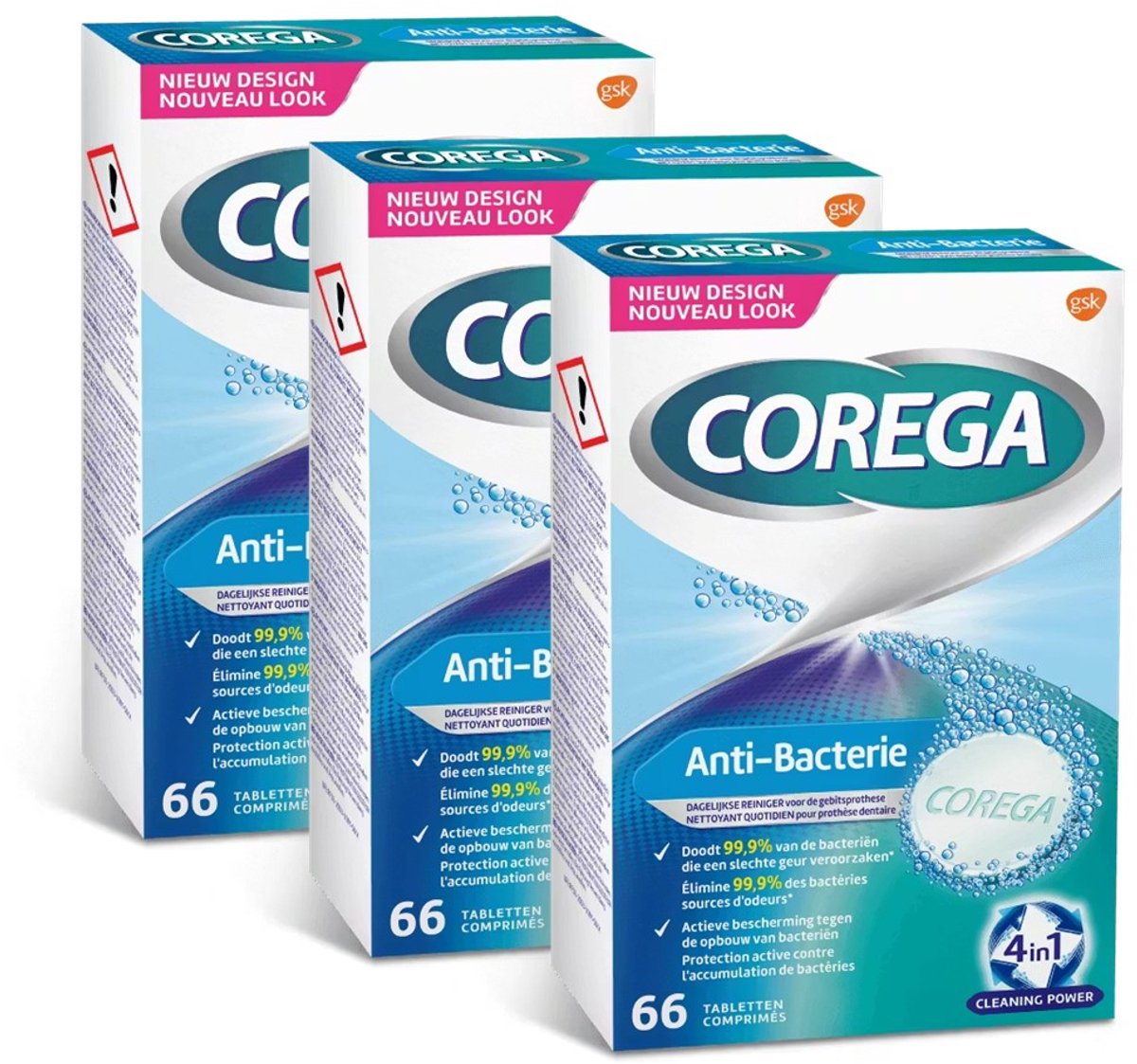 Corega Anti-Bacterie Reinigingstabletten – Dagelijkse Kunstgebit- & Beugelreiniging – 66 Tabletten – 3-Pack (198 Tabletten)