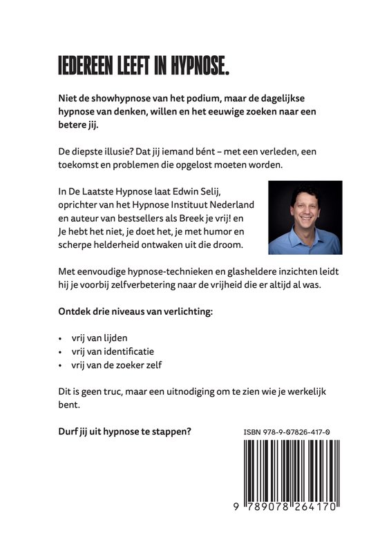Boekcover: 'Iedereen leeft in hypnose'. Een portret van de auteur links. ISBN en barcode rechtsonder.