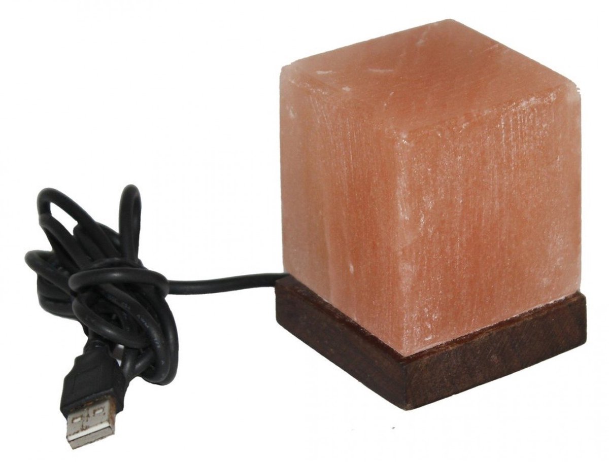 The Salt Company Himalaya Zoutlamp Kubus – USB Bureau Lamp met Houten Basis - Compact & Natuurlijk Licht