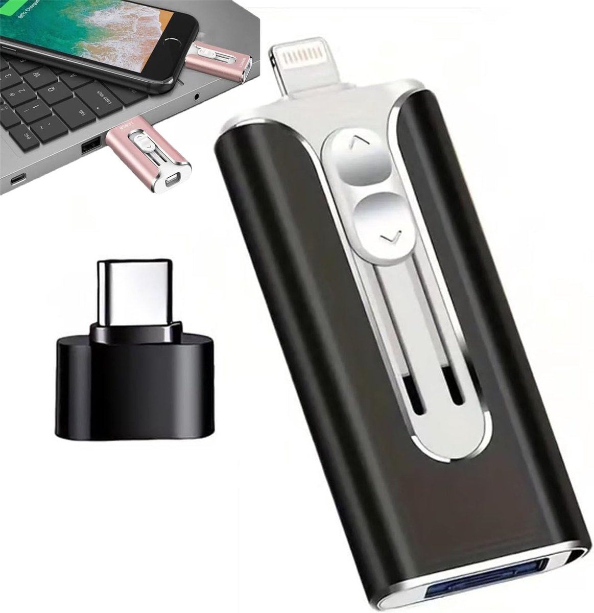 Vyzio - 3-in-1 USB Stick - 128GB - Lightning + Micro USB + USB-C - Voor iPhone & Android - Zwart - DATAFLEX