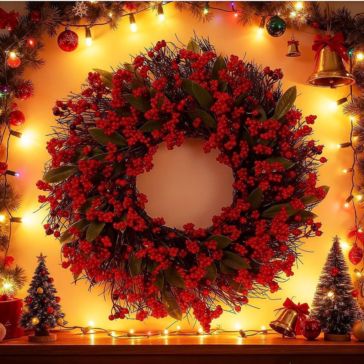 Ronde Krans - Kerstkrans - Rode bessenkrans - Rood - Versierd met rode bessen, handgemaakte dennentakken en cipressenbladeren - 45 cm - Kunstmatige kerstkrans - Wandkrans – foto 5