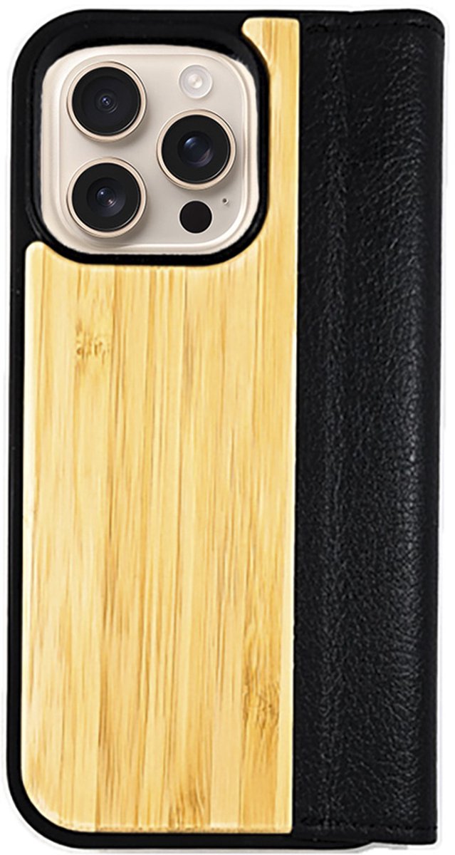 Houten flip case, iPhone 16 Pro – Bamboe met zwart leer