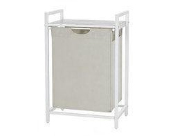 Wasmand, 50 x 33 x 72cm, Wit, vuilewasmand, met opbergrek en uitschuifbare afneembare waszak, stevig en duurzaam metalen frame, grote capaciteit van 65 liter, geschikt voor wasruimte, slaapkamer en badkamer
