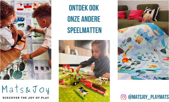 Kinderen spelen op verschillende Mats & Joy speelmatten. Een mat met stadthema en auto's, een mat met boerderijthema en een mat met jungle thema.