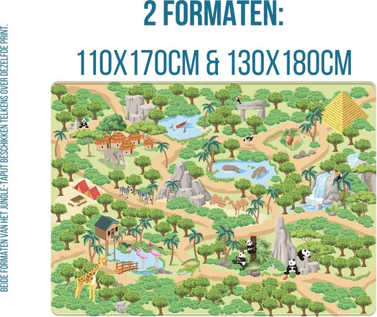 Speelmat met jungle thema: leeuw, giraf, pandaberen, zebra's, nijlpaarden, kamelen en hutten.