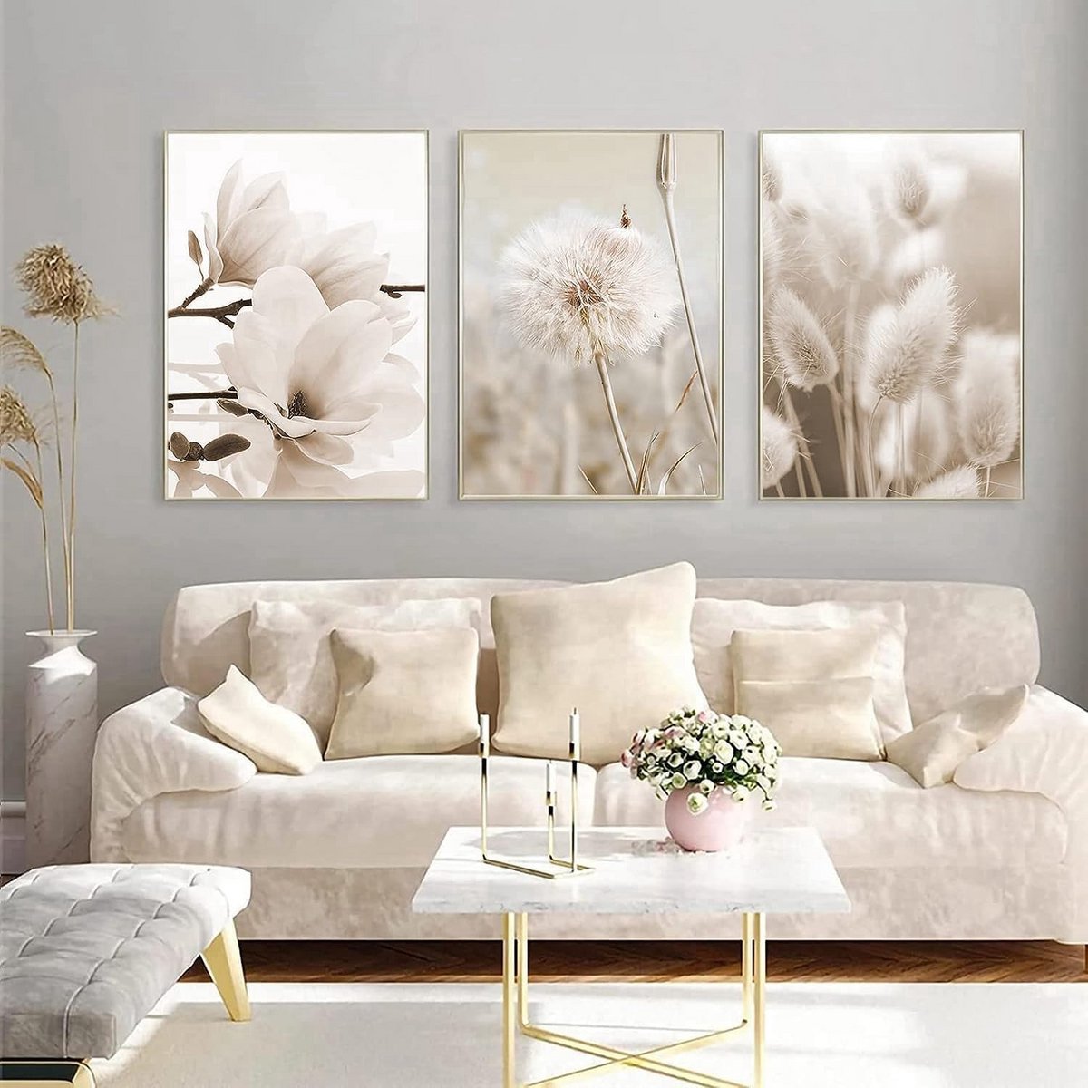 Set van 3 Beige Woondecoratie Posters - Moderne Rietmand & Landschap Wanddecoratie voor Slaapkamer of Woonkamer - 30x40 cm