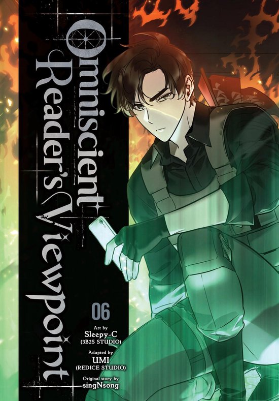 Omniscient Reader's Viewpoint, Vol. 6. Cover met anime-stijl man met donkerbruin haar en donkere ogen in tactisch vest en donkere kleding, met telefoon.