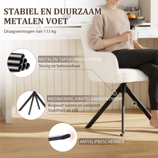 Gebogen rugleuning stoel met zwarte, taps toelopende poten. Draaibaar met antislipzolen.