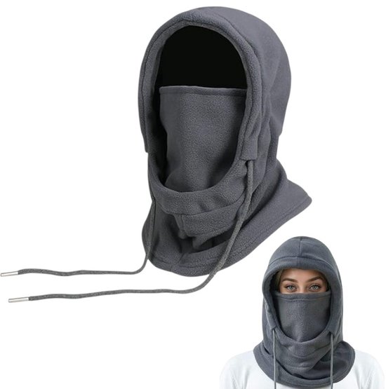 Grijs fleece bivakmuts, met geïntegreerde nekwarmer en gezichtsmasker, trekkoordjes aan de voorkant.
