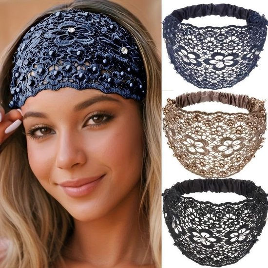 3 pièces bandeau à cheveux en dentelle style - orné de perles - Accessoire capillaire quotidien - Bandeau cheveux festif - 49*15 cm - Adapté à un tour de tête de 55-58 cm - Vêtements quotidiens et festifs pour femmes - Bleu, noir, marron