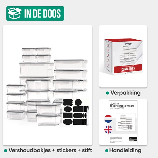 Ensemble de 30 boîtes de conservation transparentes avec couvercles gris, autocollants et marqueur.