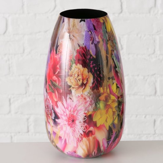 Ovale vaas bedrukt met een levendig, veelkleurig bloemenpatroon met veel rode, roze en gele bloemen.