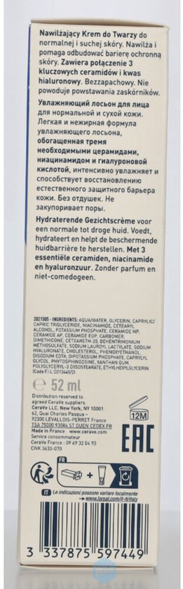 Zijde van CeraVe doosje met ingrediëntenlijst en productinformatie in meerdere talen.