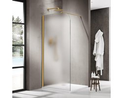 FugaFlow Eccelente Vetro Inloopdouche - 90x200cm - afgeronde glaswand - links - mat glas - wandarm - geborsteld messing PVD (Goud)