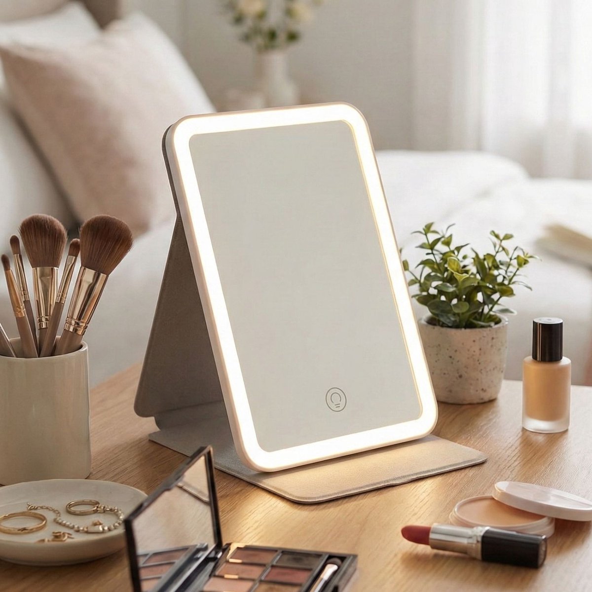 Bol.com FlinQ Make up Spiegel met Verlichting - LED Licht - Handspiegel - Reisspiegel met Bescherming - Oplaadbaar - Grijs aanbieding