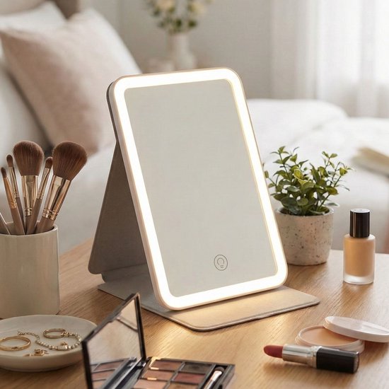 Miroir portable FlinQ - Miroir de voyage - Miroir avec éclairage Miroir de maquillage - Rechargeable - Grijs