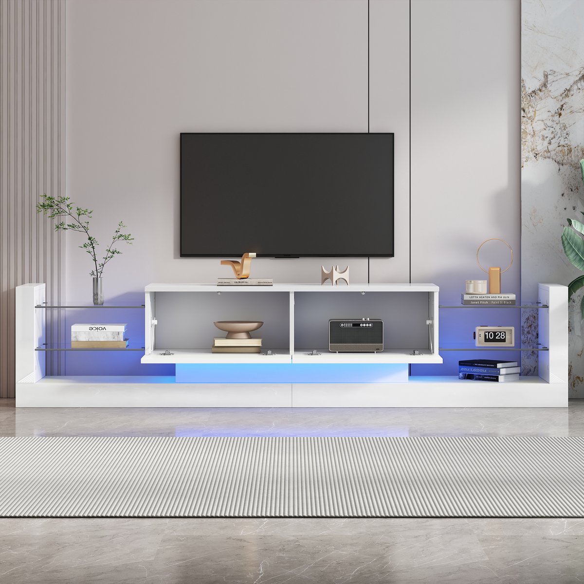 REDOM Modern TV-Meubel Hoogglans Wit (181 cm) - Voor TV's tot 80 Inch - Met App-Gestuurde RGB LED & Glazen Planken