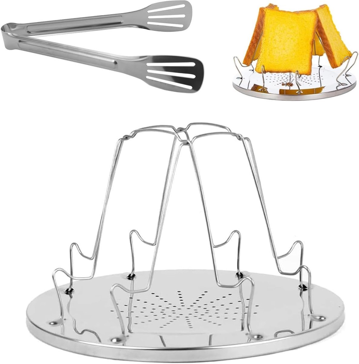 Stunq® RVS gasbroodrooster voor 4 sneden campingbroodrooster RVS rolbroodrooster camping campingbroodrooster voor koken gasbroodrooster voor buiten, picknick, reizen, campers (met roestvrijstalen clips)