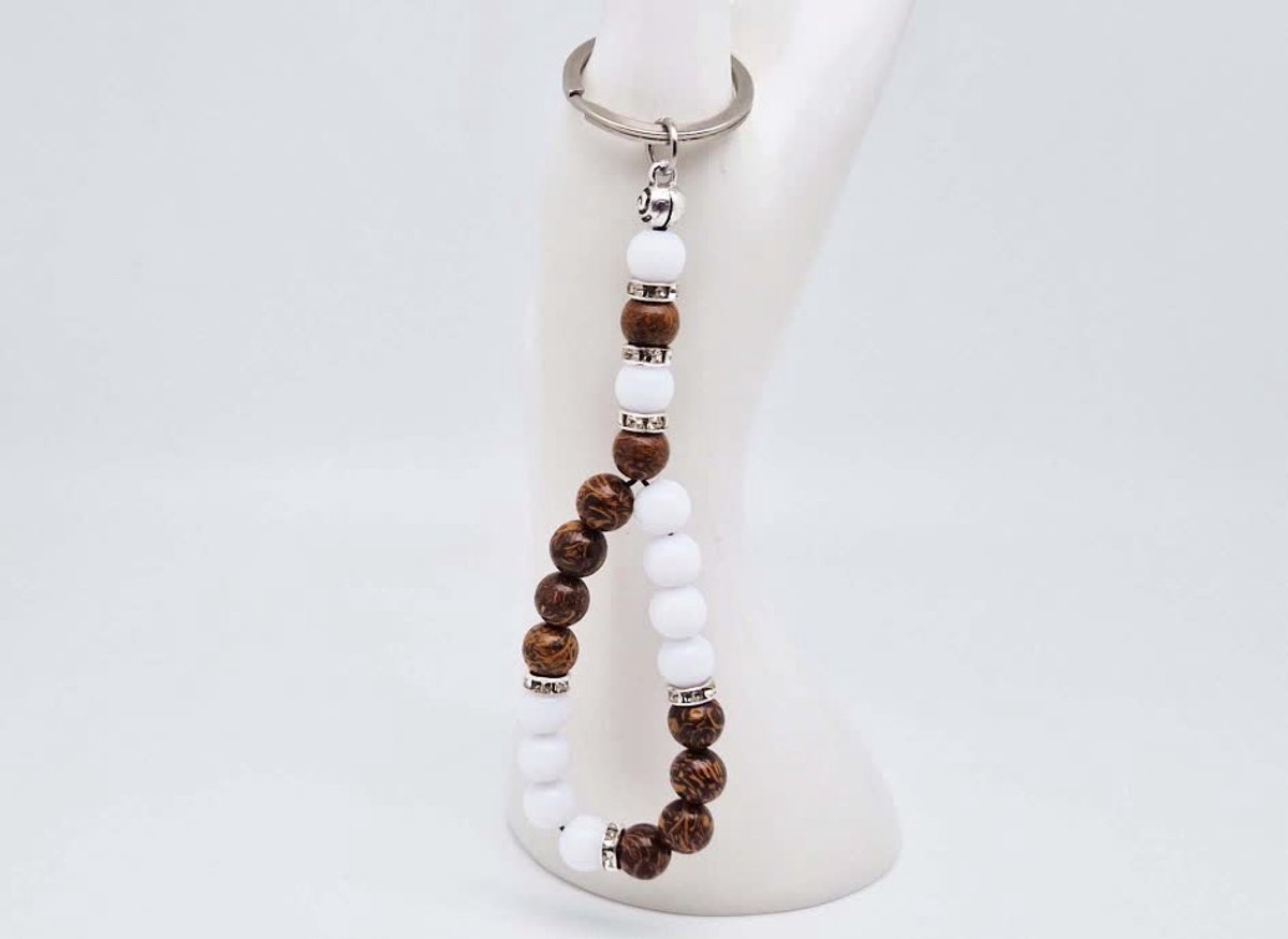 Handgemaakte Tasbih sleutelhanger van natuursteen "Witte Agaat-Jaspis van Olifantenhuid" en metaal - diameter kralen 8mm - Aantal stenen 20 - Een mooi cadeau-idee en een bijzonder aandenken