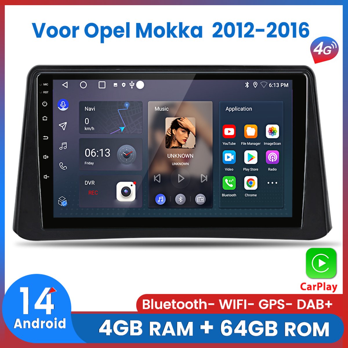 Awesafe 8-Core 4+64GB Autoradio - Geschikt Voor Opel Mokka 2012 t/m 2016 - Draadloze Carplay Android Auto - Touchscreen - GPS Navigatie 4G WiFi - Bluetooth Radio - 2012 2013 2014 2015 2016