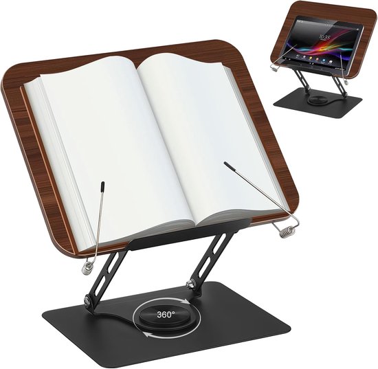 Kindle Boekenstandaard om te lezen, verstelbare houten boekenstandaard met 360° draaibare sokkel, opvouwbare boekenhouder met zijclip, kookboekhouder voor tablet, recept, tijdschrift, Kindle