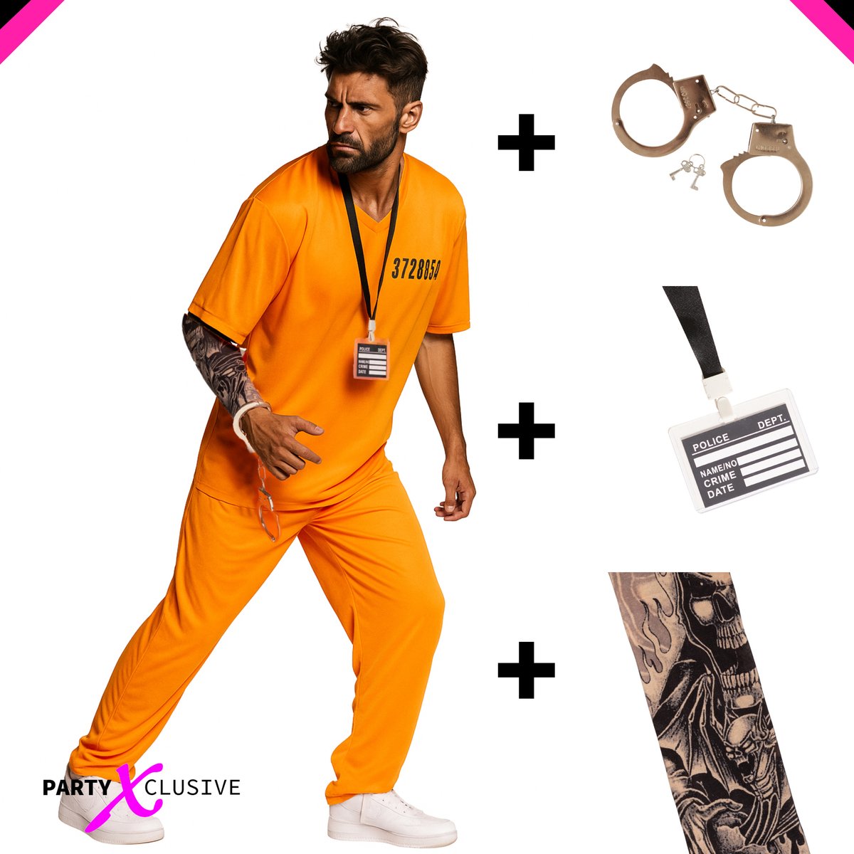 Partyxclusive 5-Delig Oranje Gevangenis Kostuum Heren Shirt/Broek/Handboeien/Tattoo-mouw/Sleutelkoord Boevenpak Carnaval Themafeest Verkleedkleding Volwassenen - oranje - Polyester - L