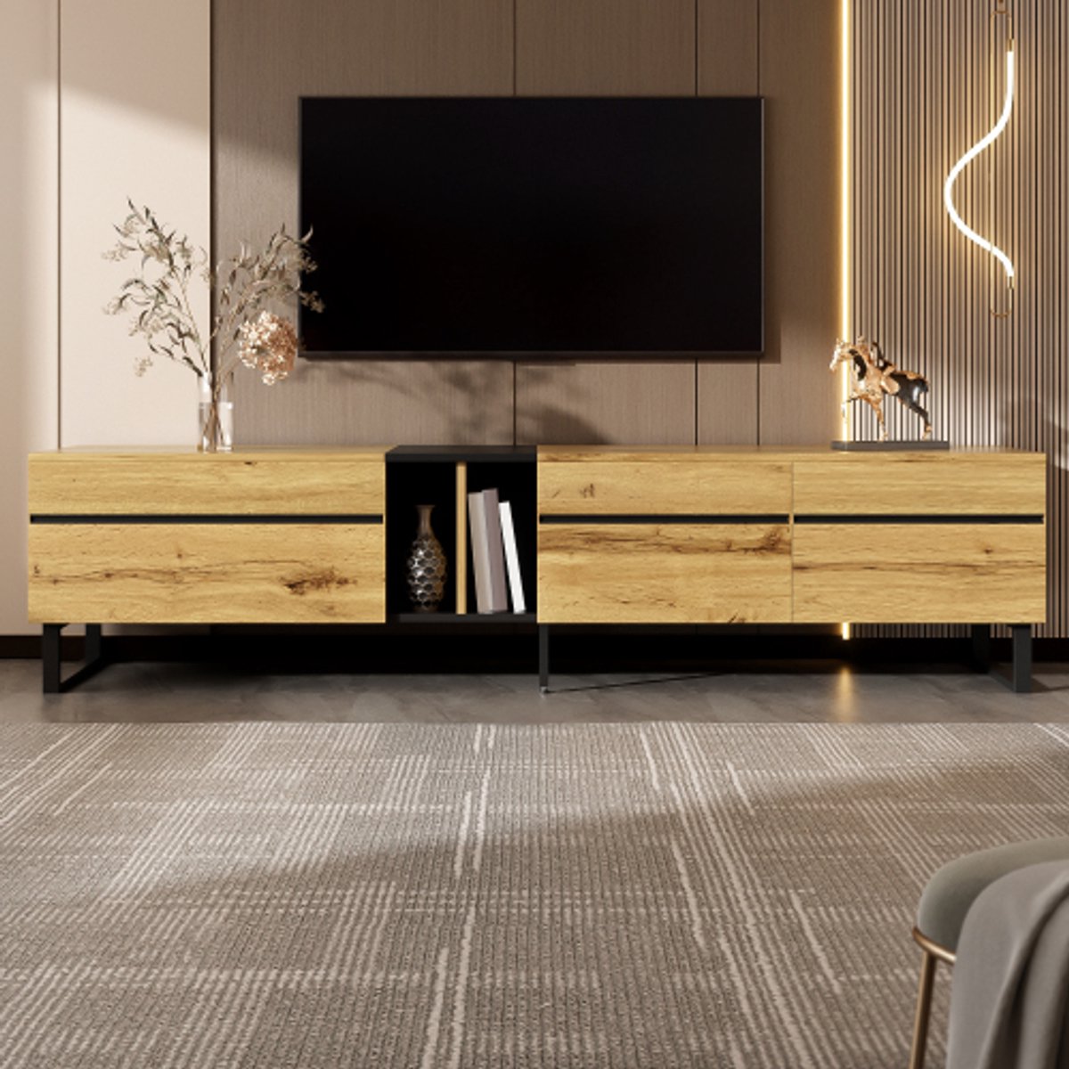 Gutent Modern tv-meubel van 180 cm met draaideur-open schappen en dubbele deuren Hout