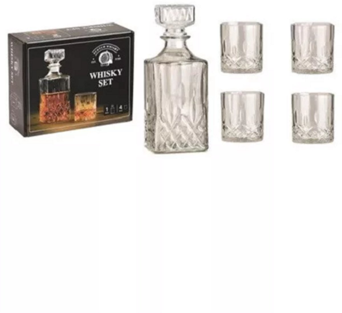WoMa whiskyglazenset (4 stuks, 285 ml) en karaf (900 ml) in geschenkverpakking