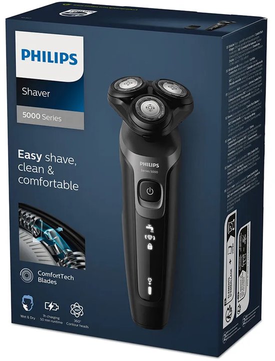 Philips Shaver Series 5000 zwart scheerapparaat met drie roterende koppen en het Philips logo op de doos.