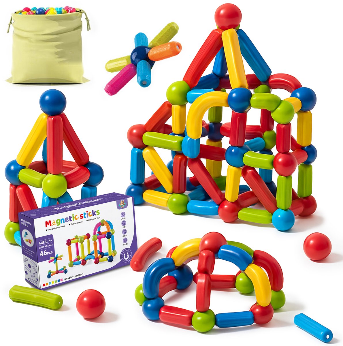 Nolita Magnetisch speelgoed - magnetisch bouwspeelgoed - Constructie speelgoed - Montessori speelgoed - Magnetisch Staafjes - Speelgoed 3 Jaar - Speelgoed 4 Jaar - Speelgoed 5 Jaar - Magnetische bouwstenen – 46 stuks