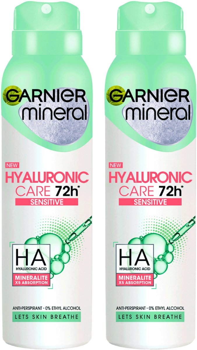 Garnier Mineral Hyaluronic Care Sensitive Deodorants Body Spray - Verzorgende Frisheid en Bescherming Okselhuid - 2 x 150 ml