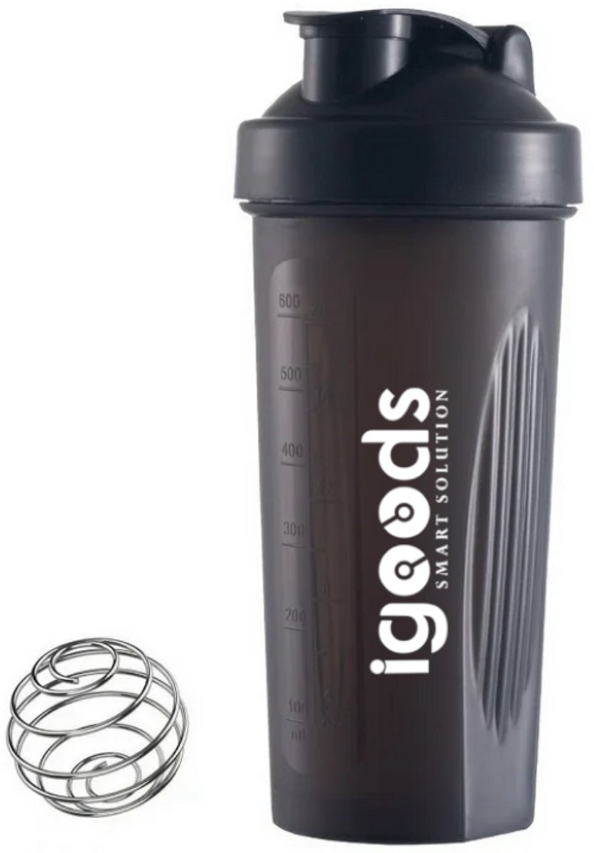 Igoods Shakebeker – Met RVS Mixerbal – BPA-vrij & Lekvrij – Shaker voor Proteïne Shakes, Smoothies & Sportvoeding – Fitness Shake Cup – 600ml – Zwart
