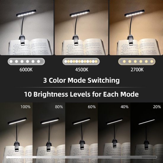 LED Leeslampje voor Boek - 3Lichtstanden - Oplaadbaar Leeslampje voor in Bed - Leeslampje met Klem - Boeklampje - Bedlamp -315° draaibaar Leeslamp - Oplaadbare boeklamp USB - Dimbaar - Zwart van Merkloos — afbeelding 4