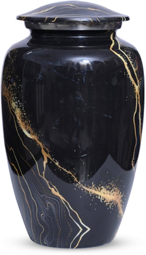 Zwarte urn met marmerprint en gouden accenten, staand.