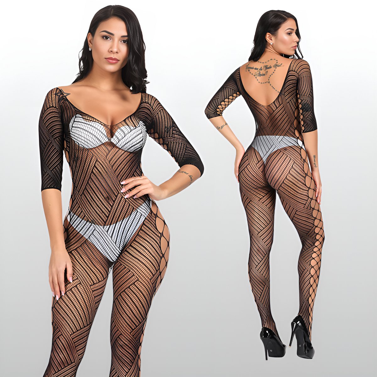 LekkerStout Visnet Catsuit met Open Zijkanten - Zwart - Driekwart Mouwen - One Size S-L | LS389