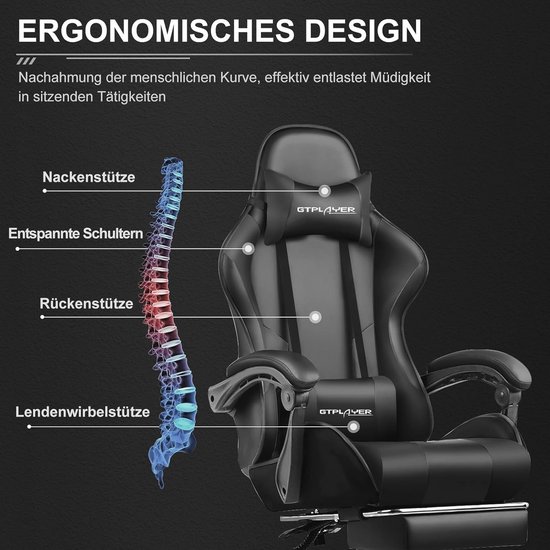 Ergonomische Gamingstoel met Voetensteun, Hoofdsteun en Lendenkussen - Zwart — afbeelding 2