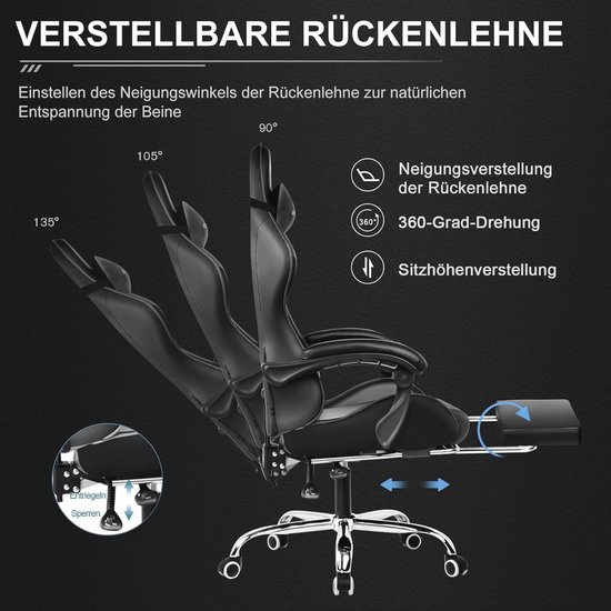 Ergonomische Gamingstoel met Voetensteun, Hoofdsteun en Lendenkussen - Zwart — afbeelding 4