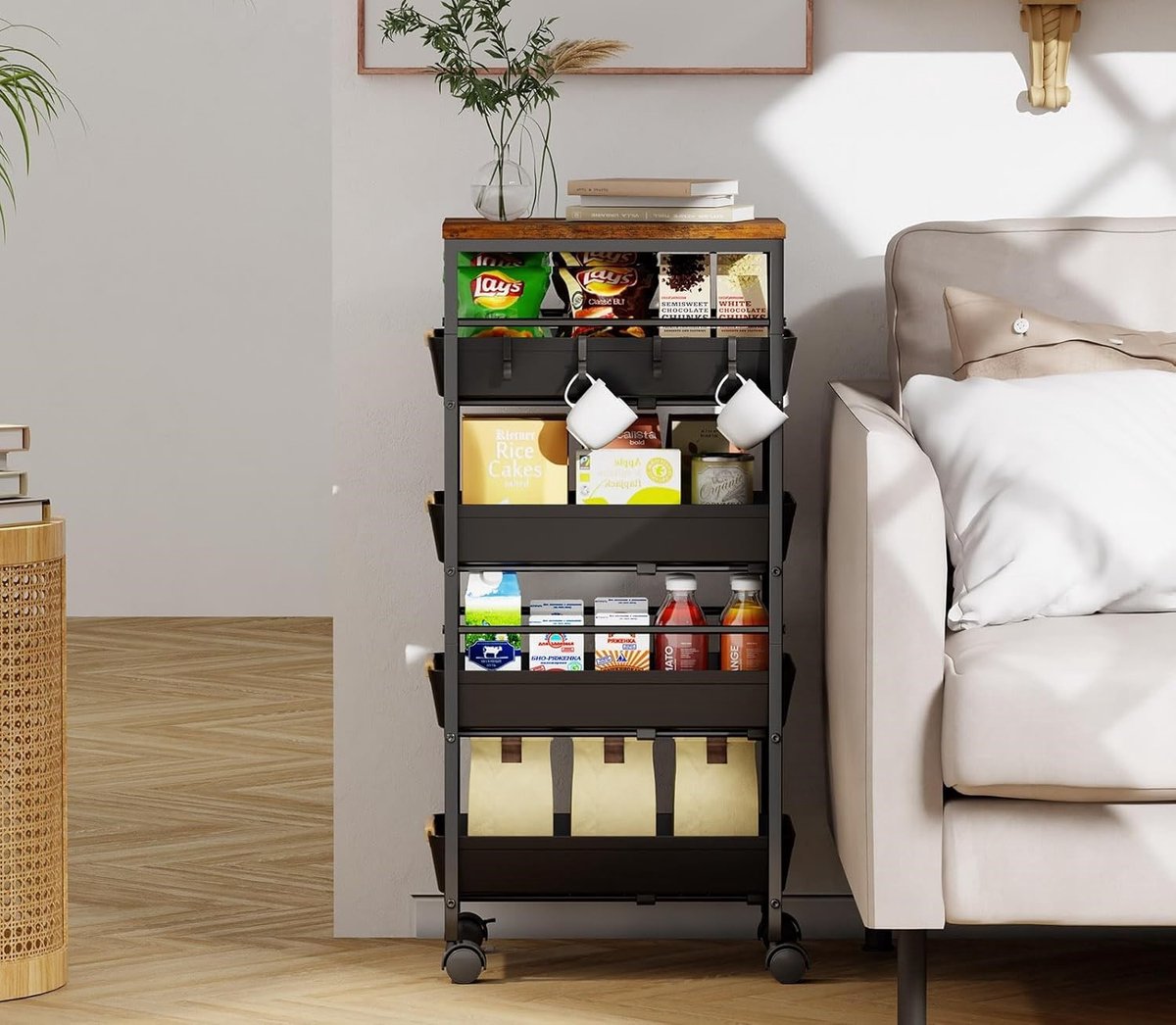 Keukentrolley met 5 Niveaus en Lades – Metalen Opbergtrolley met Houten Blad, Geventileerde Mandjes en Wielen – Slimme Snack- en Keukenorganizer voor Fruit, Groenten en Magnetron, Zwart –