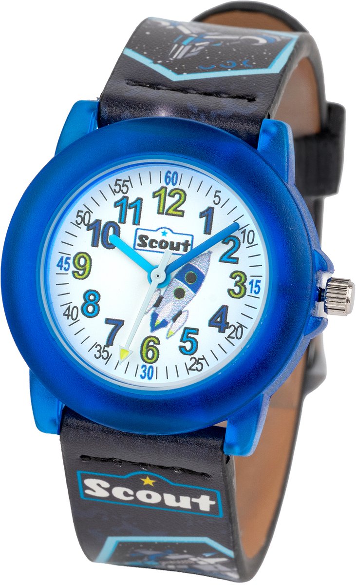 Scout Kinderuhr analog aus der Serie "Crystal" mit schwarz/blauem Kunstlederband mit Weltall-Motiven und Quarzwerk