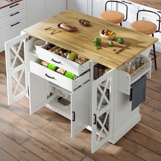 sogesfurniture Keukenwagen op wieltjes, beweegbaar keukeneiland met uitbreidbaar werkblad, handdoekhouder en kruidenrek, keukenrolwagen, serveerwagen met grote lade, 120 x 39 x 90 cm