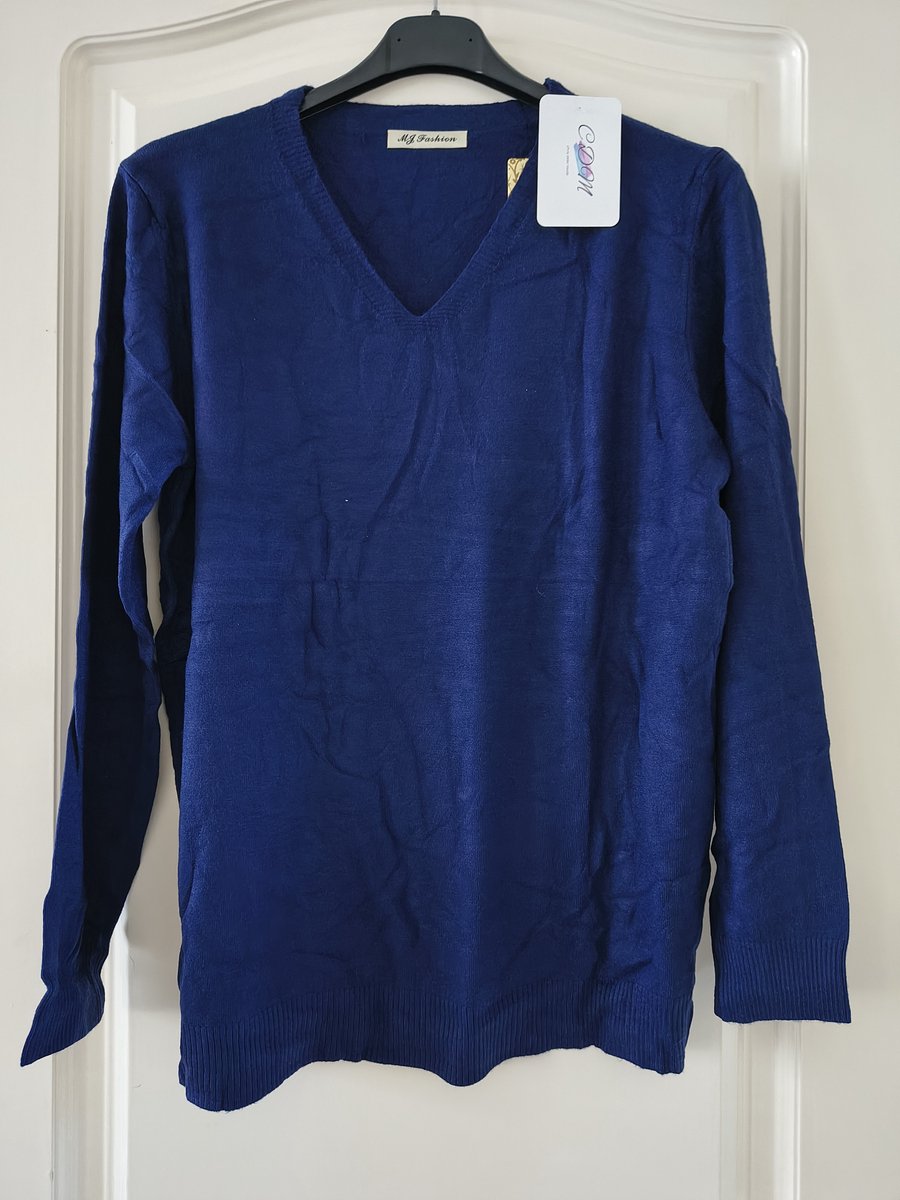 Dames warme trui Alida-V-hals-fijngebreid-effen marine blauw-lange mouwen-maat XL/XXL