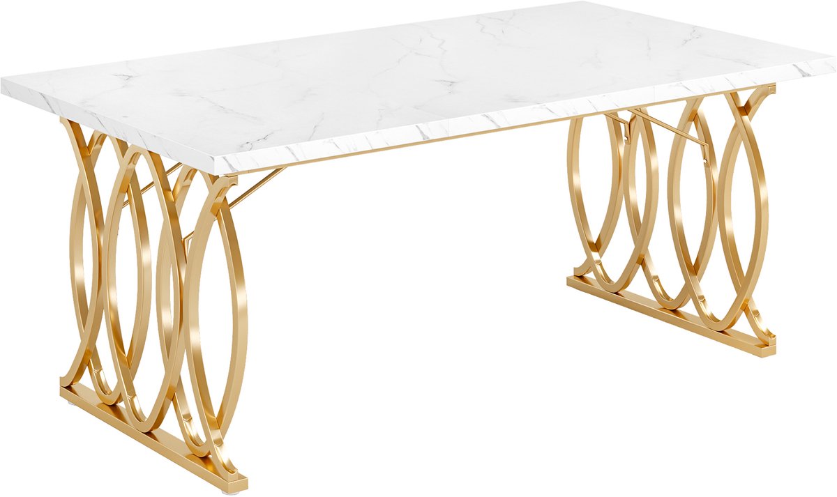DMG Supply Eettafel - Rechthoekige Eetkamertafel voor 4-6 Personen - Wit Marmerlook Blad - Goudkleurig Onderstel - 160 x 80 x 75 cm