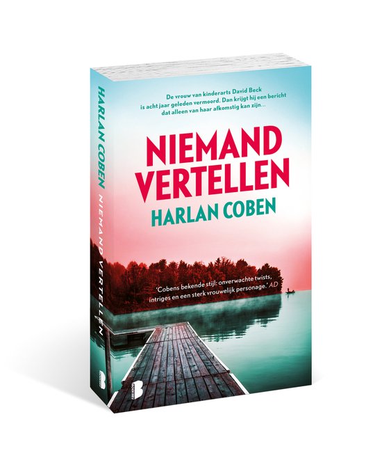 Boek in 3D. Boekcover met een pier, bos en water bij zonsondergang. Tekst: Niemand vertellen Harlan Coben.