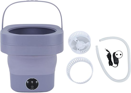Mini-lave-linge pliable violet, avec panier de vidange, anneau et adaptateur assortis.
