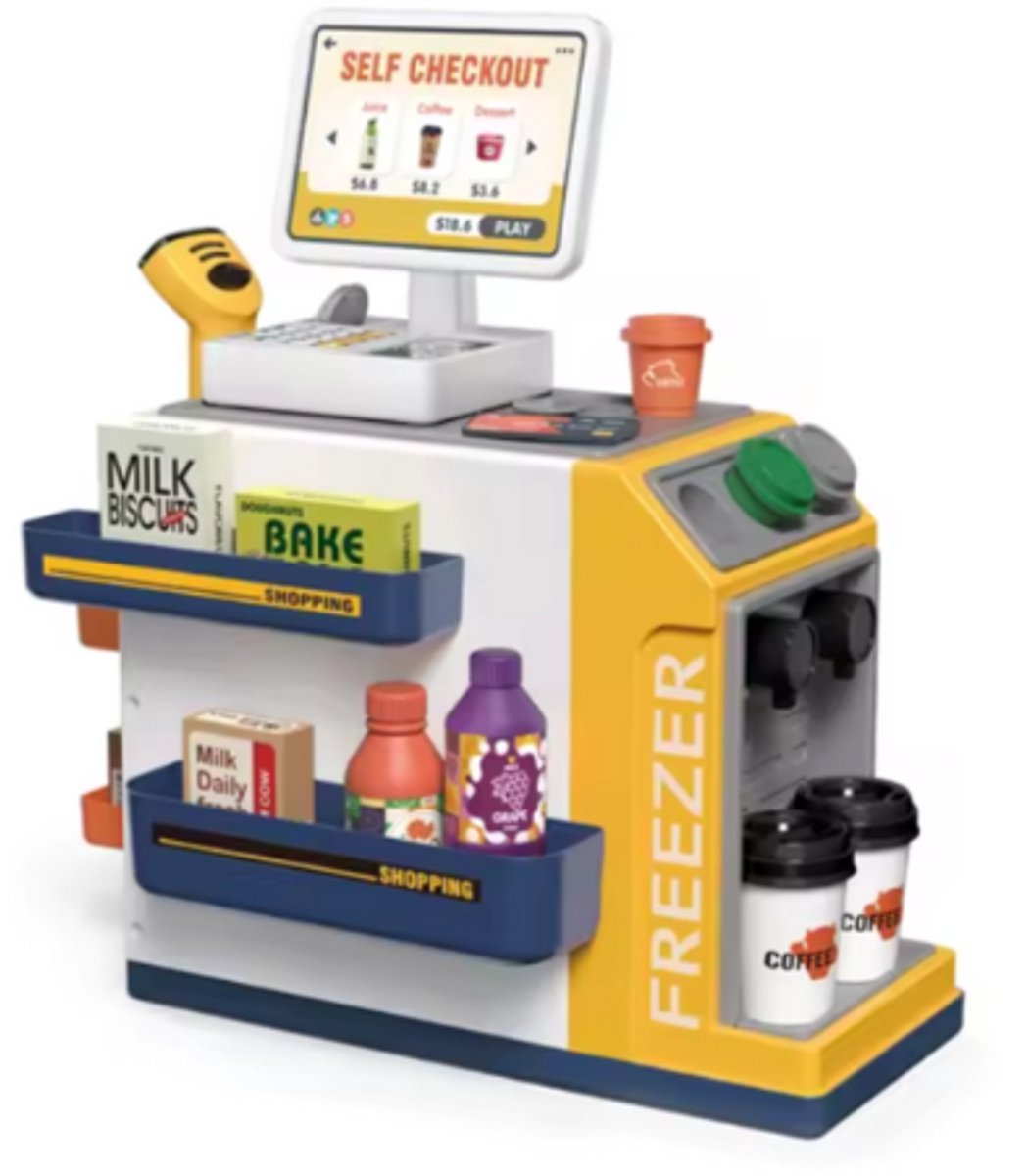 Jawes Speelgoed Kassa- Geel- 46Pcs- Rollenspel- Kinderen- Winkelen- Speelgoed- Supermarkt Speelgoed Set-Kassier- Balie- Spelen- Speelgoed kassa met scanner- Supermarkt- Speelgoed boodschappen