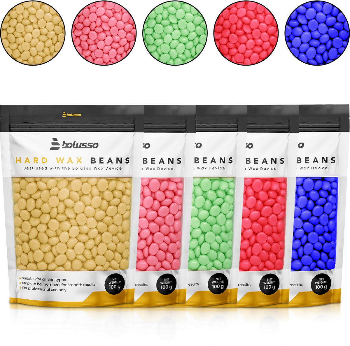 Bolusso - Wax Bonen Starter Kit - Wax Parels - 5 Soorten Bonen - Tea Tree - Roos - Kamile - Aardbei - Honing - 500 Gram - Wax Korrels - Hars - Brazilian Wax - Gevoelige huid