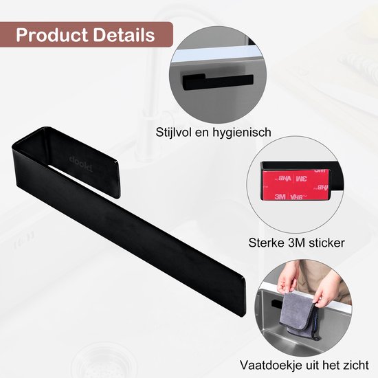Stijlvolle, hygiënische matzwarte vaatdoekhouder met sterke 3M sticker. Toont hoe een vaatdoek eraan hangt.