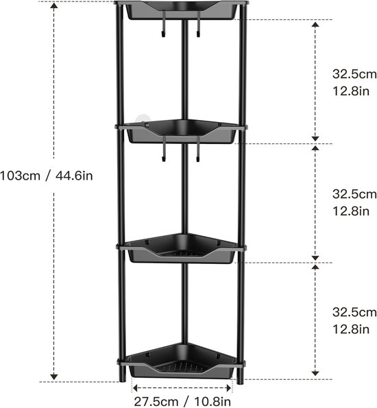 Afmetingen van een zwarte, vrijstaande hoekdoucheplank met 4 planken: 103cm hoog, 27.5cm breed per plank.