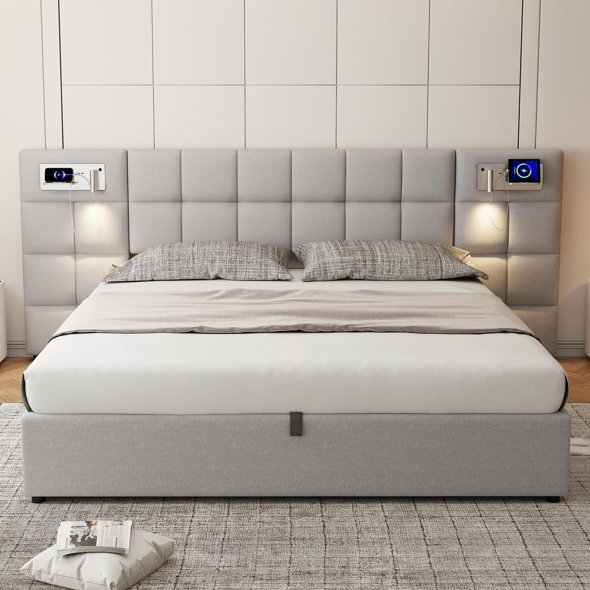 MODFU Multifunctioneel Bed 160x200 cm – Wit, Met USB-C & USB-A, 2 Stopcontacten en Ruime Opbergruimte